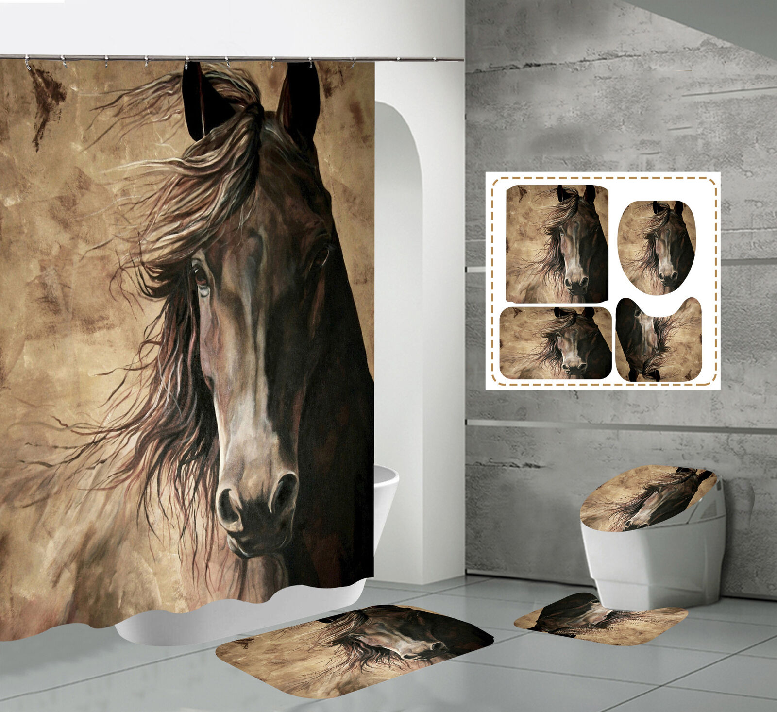 3D Horse Steed Animal Print Shower Curtain for Bathroom Decor