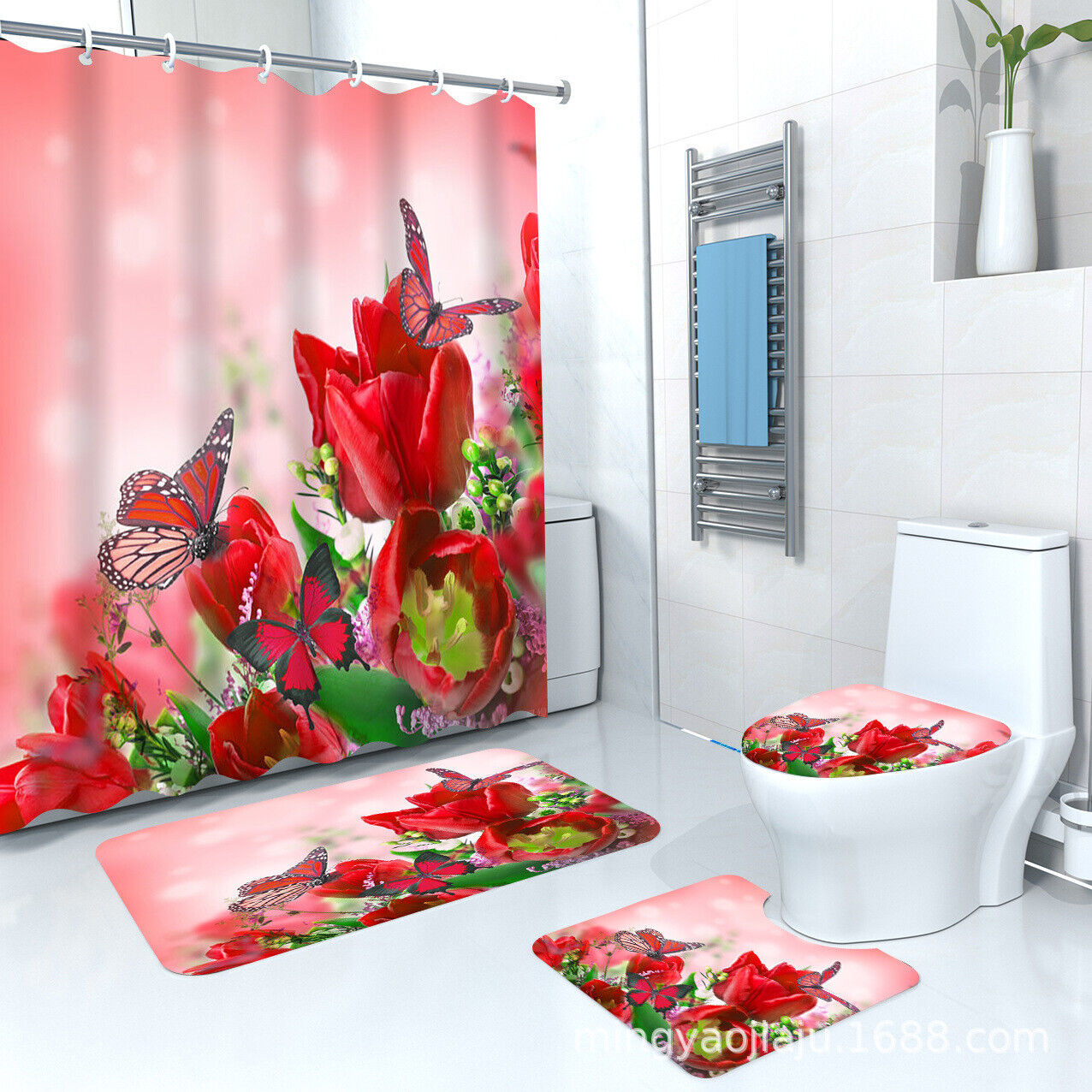 3D Rose Flowers Butterfly Bathroom Shower Curtain Home Decor