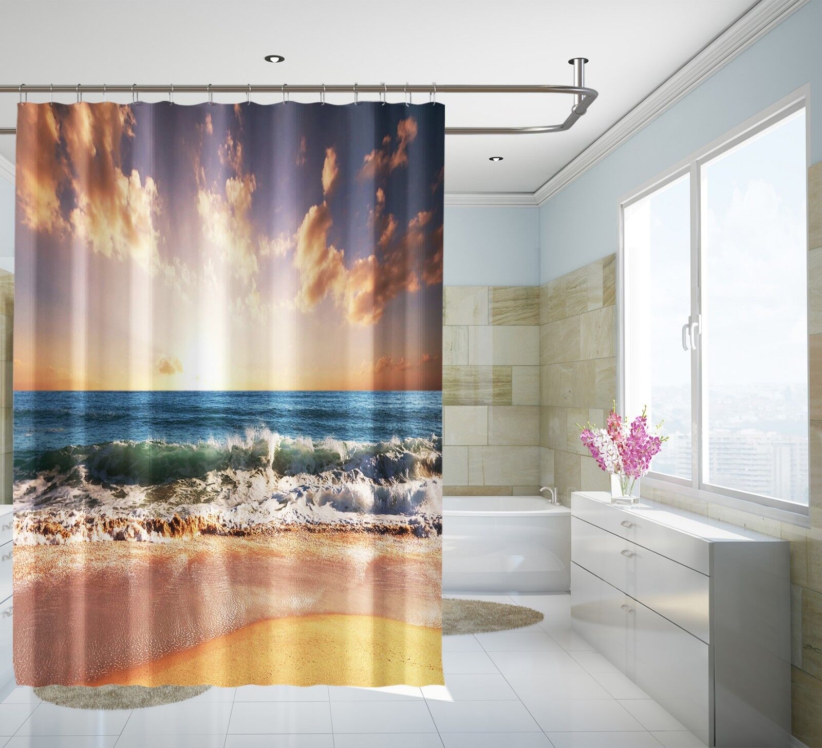 3D Sea Tide Shower Curtain Waterproof Fiber Bathroom Decor