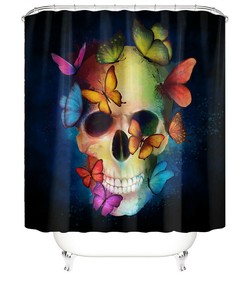 3D Skull Skeleton Color Butterflies Bathroom Shower Curtain Bathroom Decor