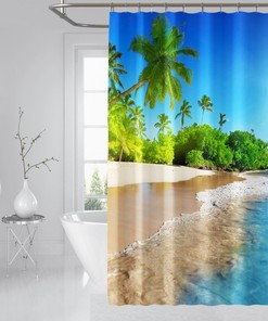 3D Sun Beach View Shower Curtain Waterproof Fiber Bathroom Decor