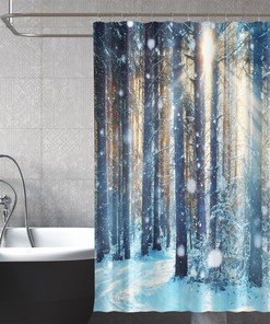 3D Sun Snow Forest Shower Curtain Waterproof Fiber Bathroom Home Decor
