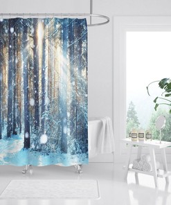 3D Sun Snow Forest Shower Curtain Waterproof Fiber Bathroom Home Decor