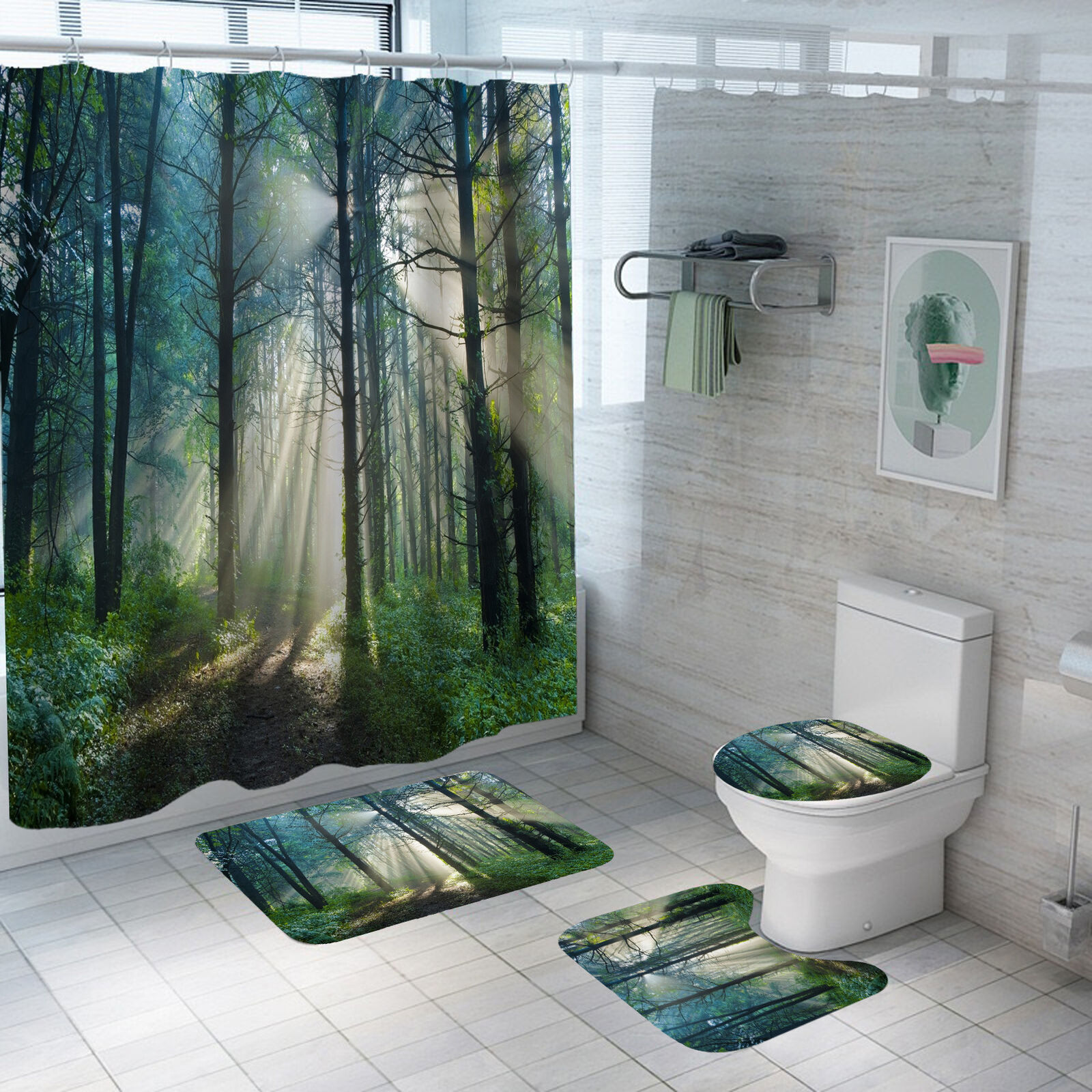 3D Trees Forest Jungle Bathroom Curtain Decor