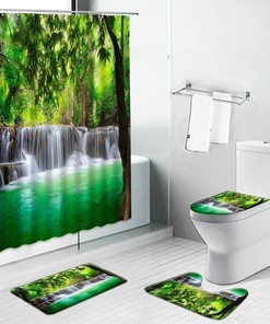 3D Waterfall Forest Trees Scenery Bathroom Shower Curtain Home Decor