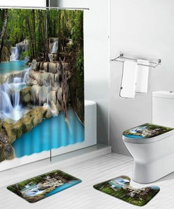 3D Waterfall Forest Trees Scenery Bathroom Shower Curtain Home Decor