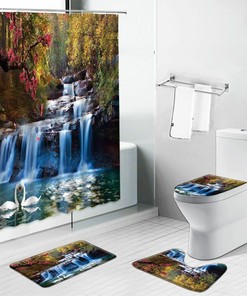 3D Waterfall Forest Trees Scenery Bathroom Shower Curtain Home Decor