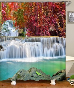 3D Waterfall Forest Waterproof Shower Curtain Scenery Bathroom Decor