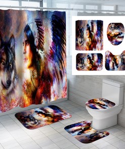 3D Wolf Native American Indian Bathroom Shower Curtain Decor