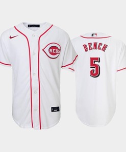 5 Johnny Bench Youth Reds Home White Jersey