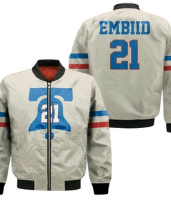 76Ers Joel Embiid 2020-21 Earned Edition Cream Jersey Inspired Bomber Jacket