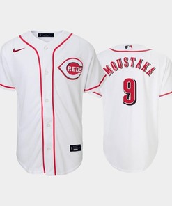 9 Mike Moustakas Youth Reds Home White Jersey
