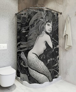 AI Art Design Print, Ocean Art, Modern Bathroom Decor with Mermaid Shower Curtain for Kids