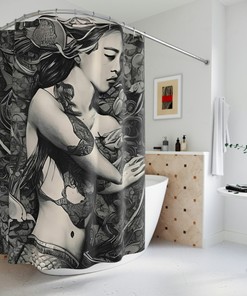 AI Art Design Print, Ocean Art, Modern Bathroom Decor with Mermaid Shower Curtain for Kids - Waterproof Fabric