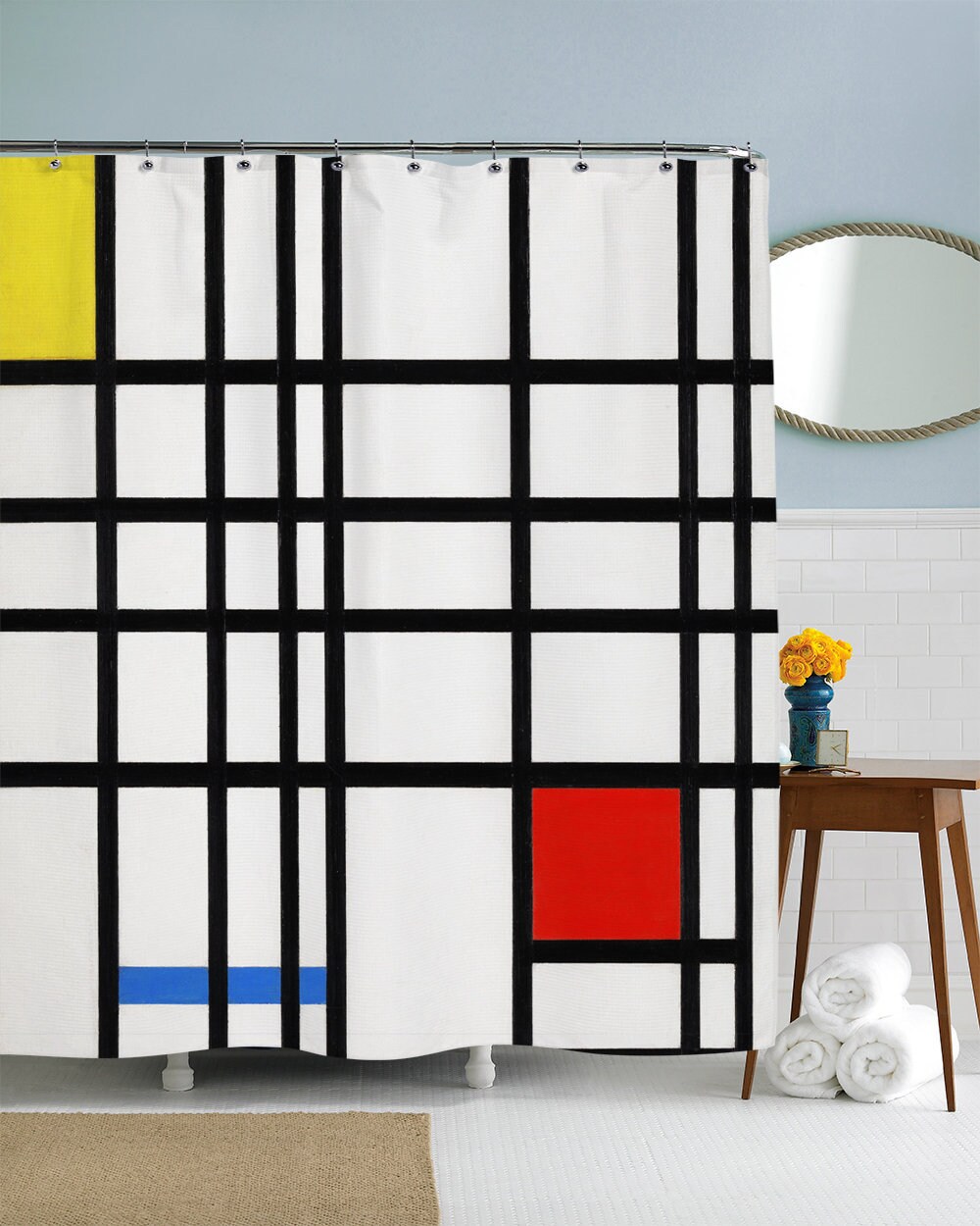 Abstract Art Shower Curtain with Geometric Patterns and Minimalist Design