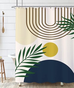 Abstract Beige Blue Sun Boho Mid Century Shower Curtain with Modern Leaf Design - Bathroom Decor