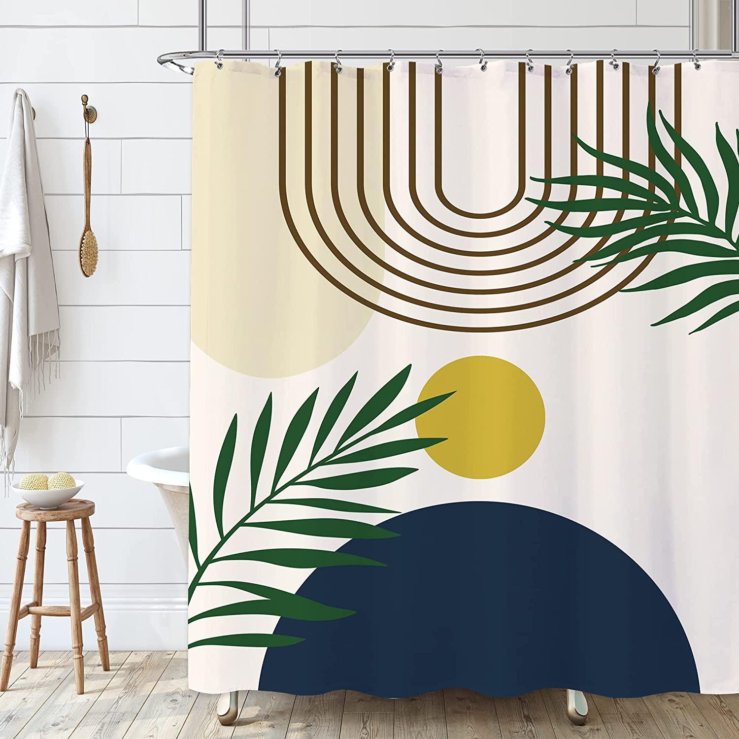 Abstract Beige Blue Sun Boho Mid Century Shower Curtain with Modern Leaf Design - Bathroom Decor