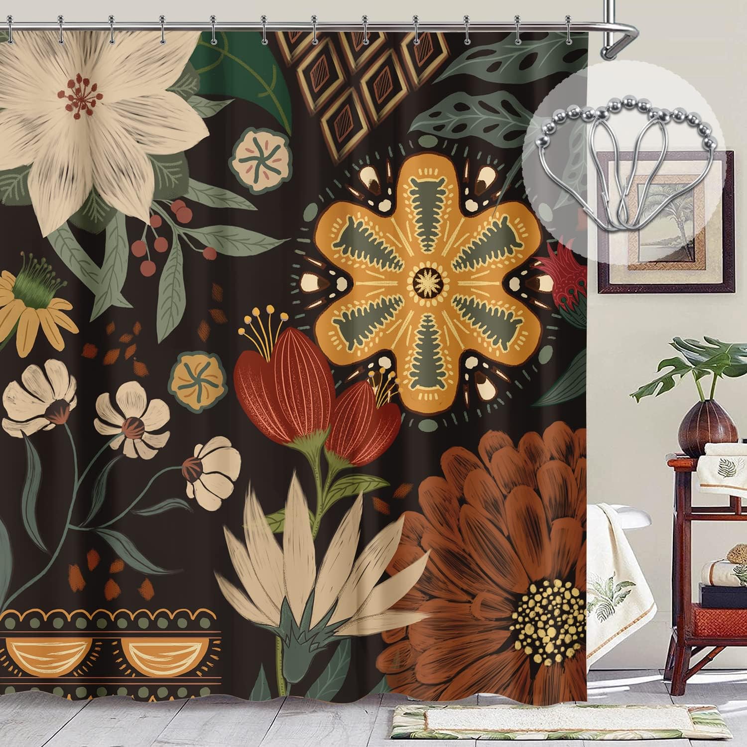 Abstract Bohemian Floral Botanical Shower Curtain | Bathroom Decor