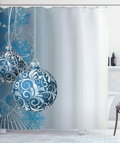 Abstract Christmas Shower Curtain, Pattern Snowflake Motifs Curlicues on Baubles Season in Blue Pale Blue White Bathroom Decor