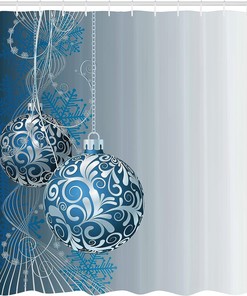 Abstract Christmas Shower Curtain, Pattern Snowflake Motifs Curlicues on Baubles Season in Blue Pale Blue White Bathroom Decor