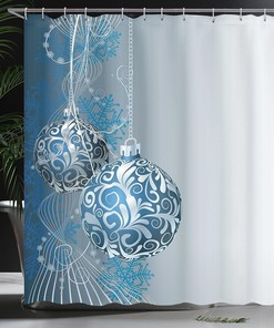 Abstract Christmas Shower Curtain, Pattern Snowflake Motifs Curlicues on Baubles Season in Blue Pale Blue White Bathroom Decor