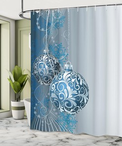 Abstract Christmas Shower Curtain, Pattern Snowflake Motifs Curlicues on Baubles Season in Blue Pale Blue White Bathroom Decor