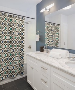 Abstract Circle Pattern Shower Curtain - Art Deco Fresh Modern Bathroom Accessory in Cream and Black