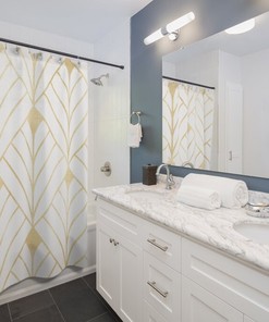 Abstract Diamond Pattern Shower Curtain - Art Deco Fresh Modern Bath Decor in White and Gold