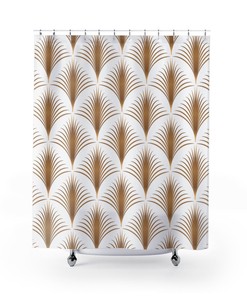 Abstract Fan Pattern Shower Curtain - Geometric Print Fresh Modern Bathroom Decor in White and Gold