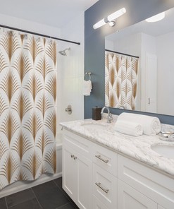 Abstract Fan Pattern Shower Curtain - Geometric Print Fresh Modern Bathroom Decor in White and Gold
