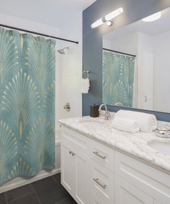 Abstract Fan Pattern Shower Curtain - Geometric Print Vintage Bathroom Accessory in Ocean Blue Green and Gold