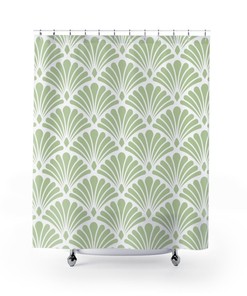 Abstract Fan Pattern Shower Curtain - Geometric Print Vintage Bathroom Accessory in Sage Green and White