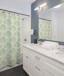 Abstract Fan Pattern Shower Curtain - Geometric Print Vintage Bathroom Accessory in Sage Green and White