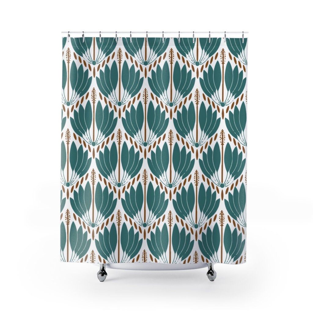 Abstract Fan Pattern Shower Curtain - Geometric Print Vintage Bathroom Accessory in Teal Blue Green and White