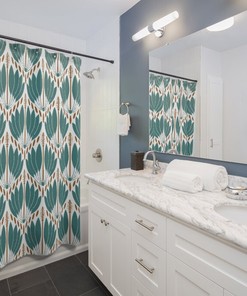 Abstract Fan Pattern Shower Curtain - Geometric Print Vintage Bathroom Accessory in Teal Blue Green and White