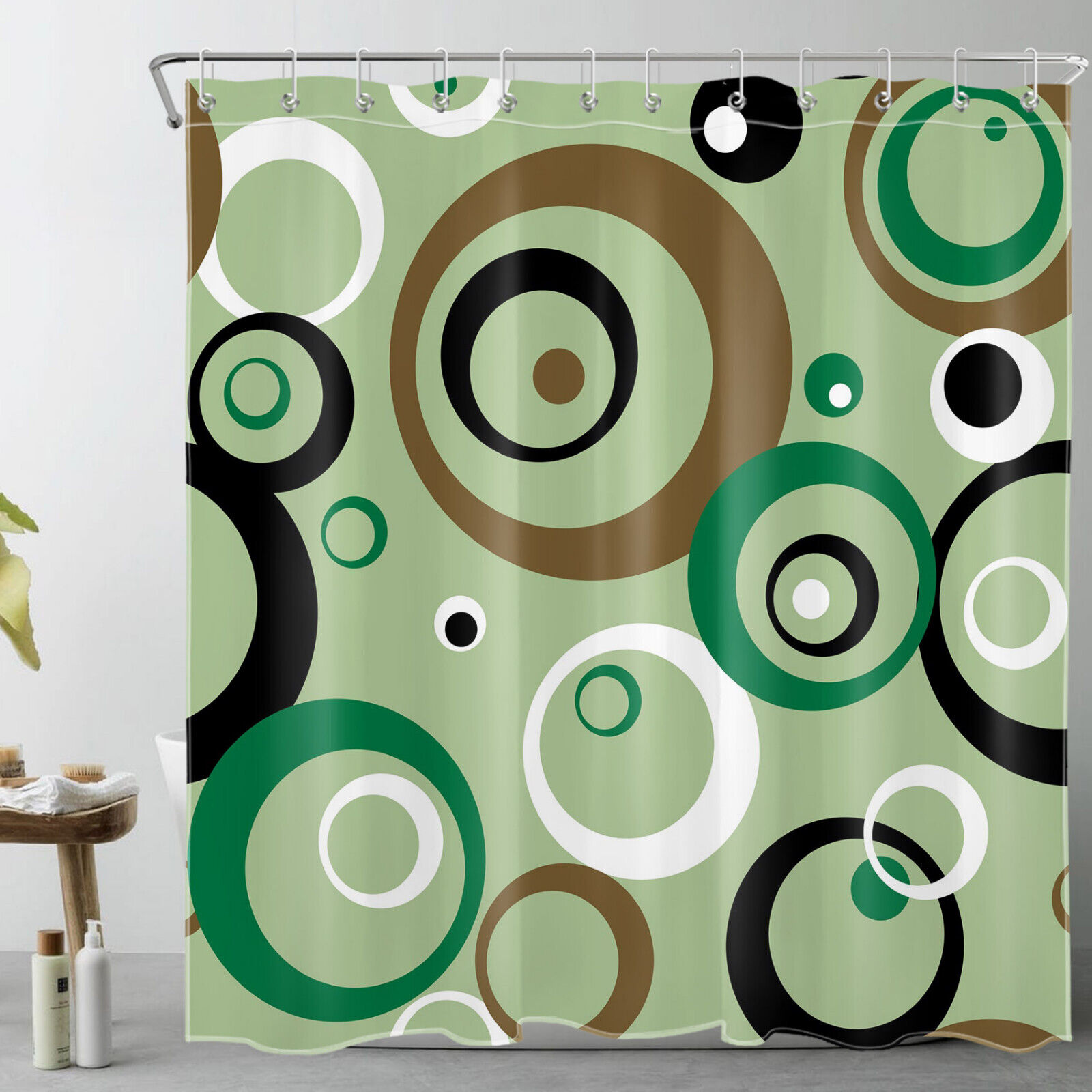Abstract Geometric Shower Curtain - Black and Grey Bathroom Decor with Green Color Accent