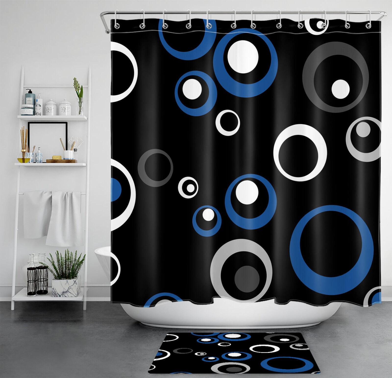 Abstract Geometric Shower Curtain, Blue and White Design