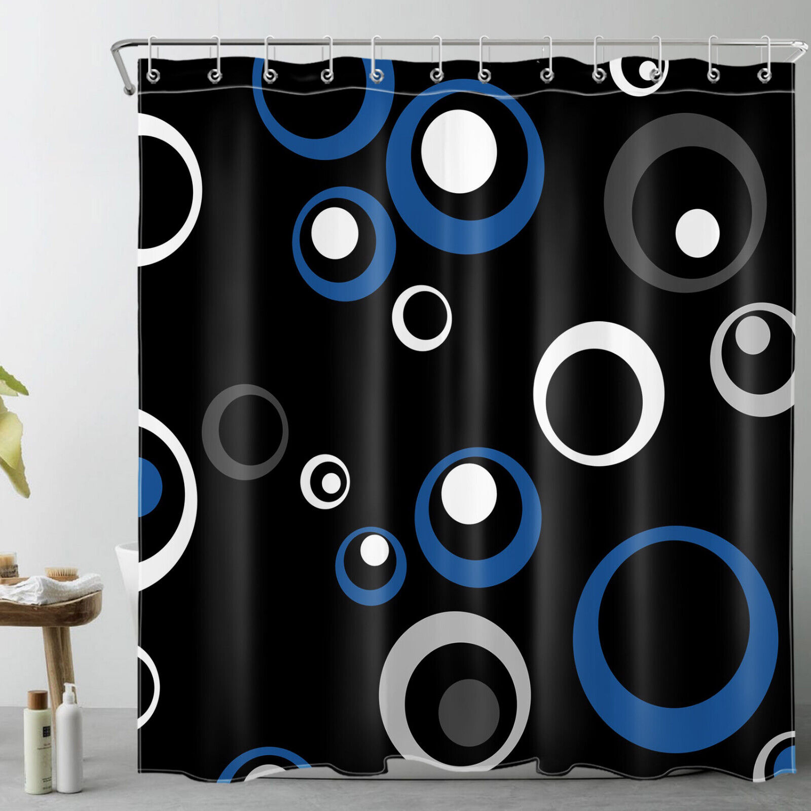 Abstract Geometric Shower Curtain, Blue and White Design