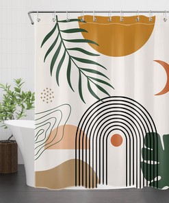 Abstract Green Leaf Sun Moon Mid Century Shower Curtain for Unique Bathroom Decor