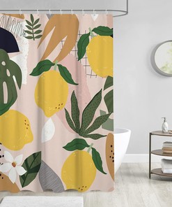 Abstract Lemon Shower Curtain with Tropical Palm Fruit Leaves, Aesthetic Geometric Leaf for Bathroom Decor