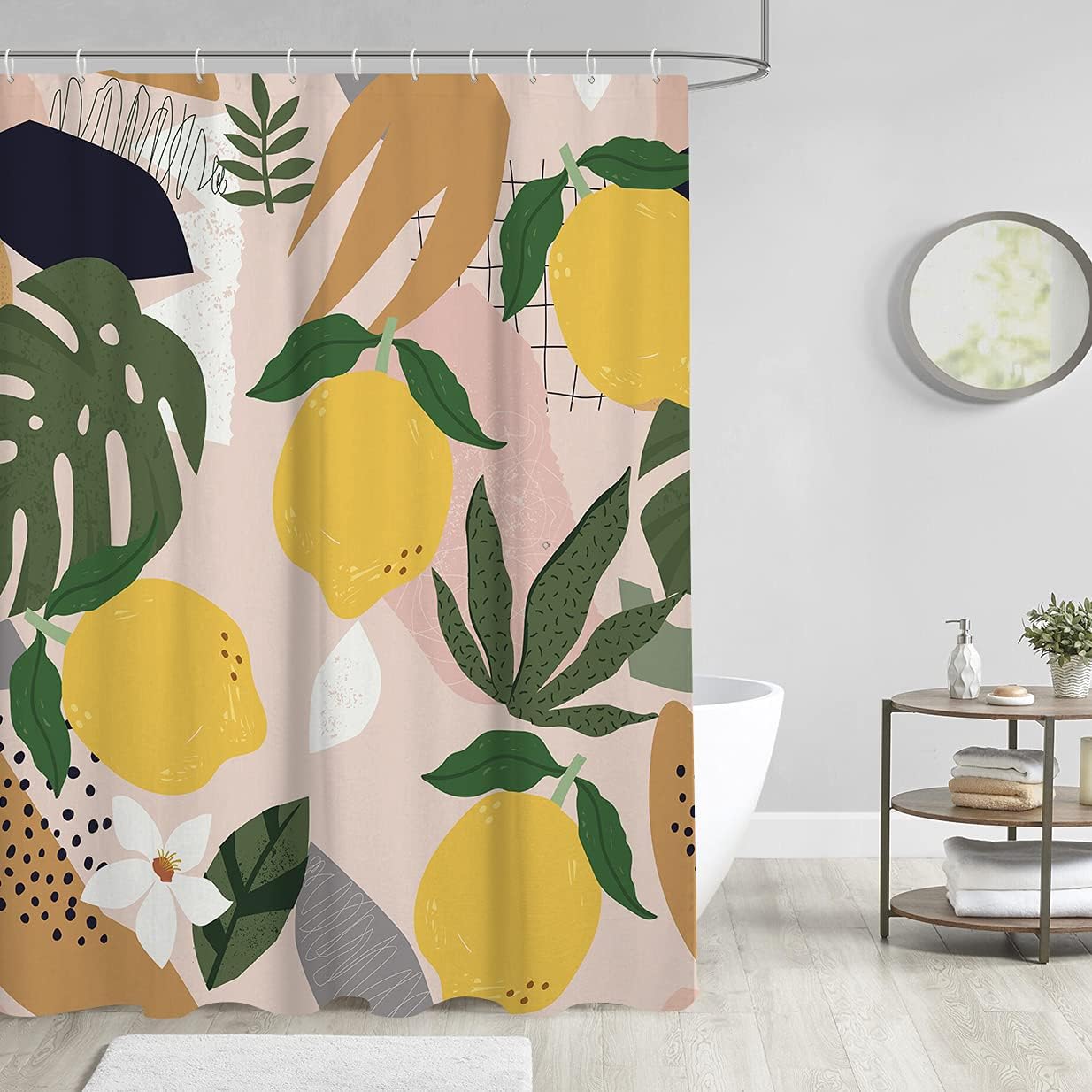 Abstract Lemon Shower Curtain with Tropical Palm Fruit Leaves, Aesthetic Geometric Leaf for Bathroom Decor
