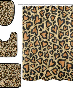 Abstract Love Shape Leopard Spot Shower Curtain with Matching Mat and Contour - Unique Bathroom Decor 