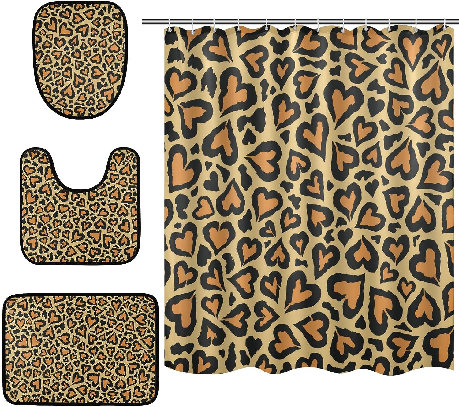 Abstract Love Shape Leopard Spot Shower Curtain with Matching Mat and Contour - Unique Bathroom Decor