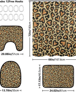 Abstract Love Shape Leopard Spot Shower Curtain with Matching Mat and Contour - Unique Bathroom Decor