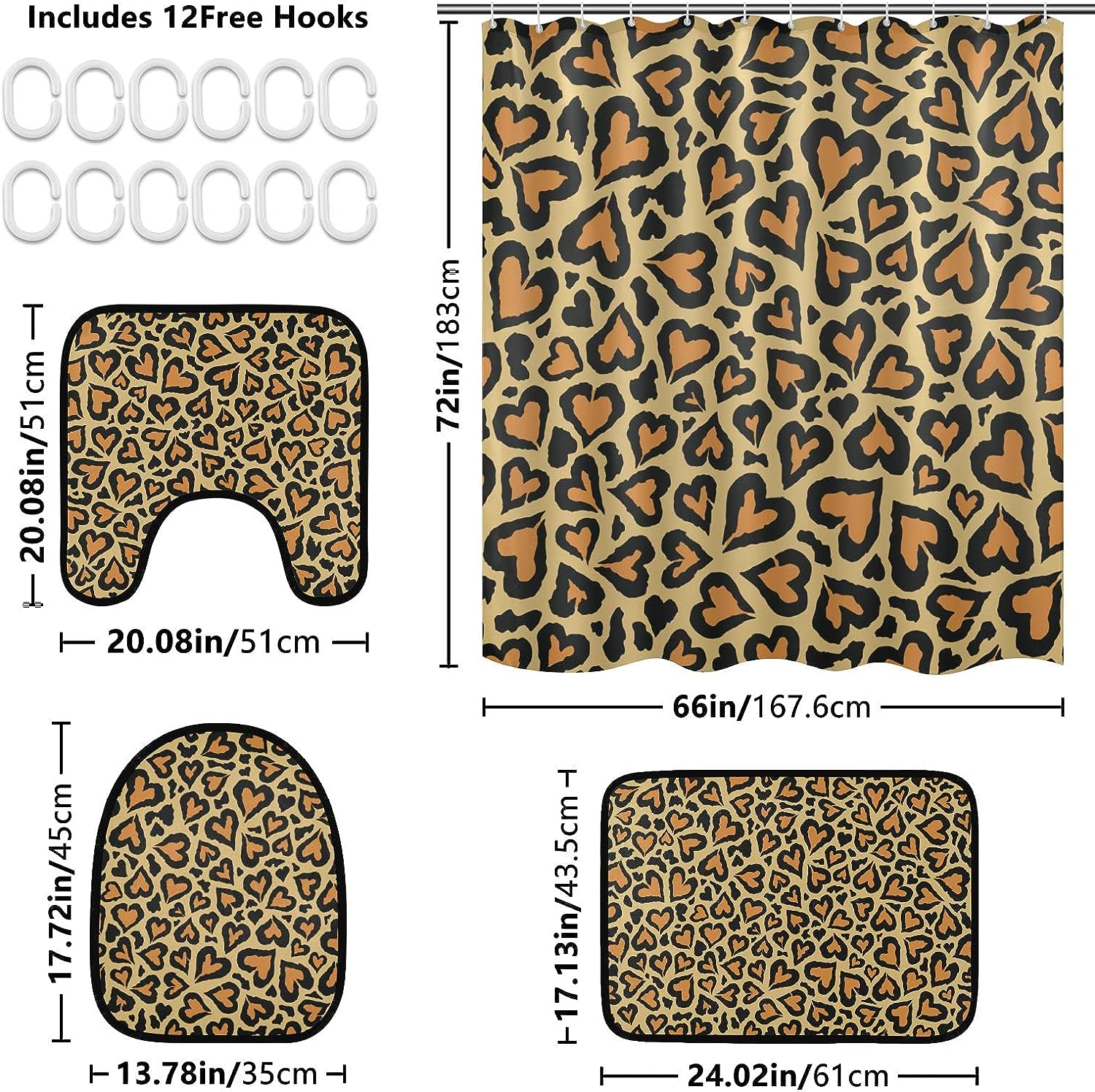 Abstract Love Shape Leopard Spot Shower Curtain with Matching Mat and Contour - Unique Bathroom Decor