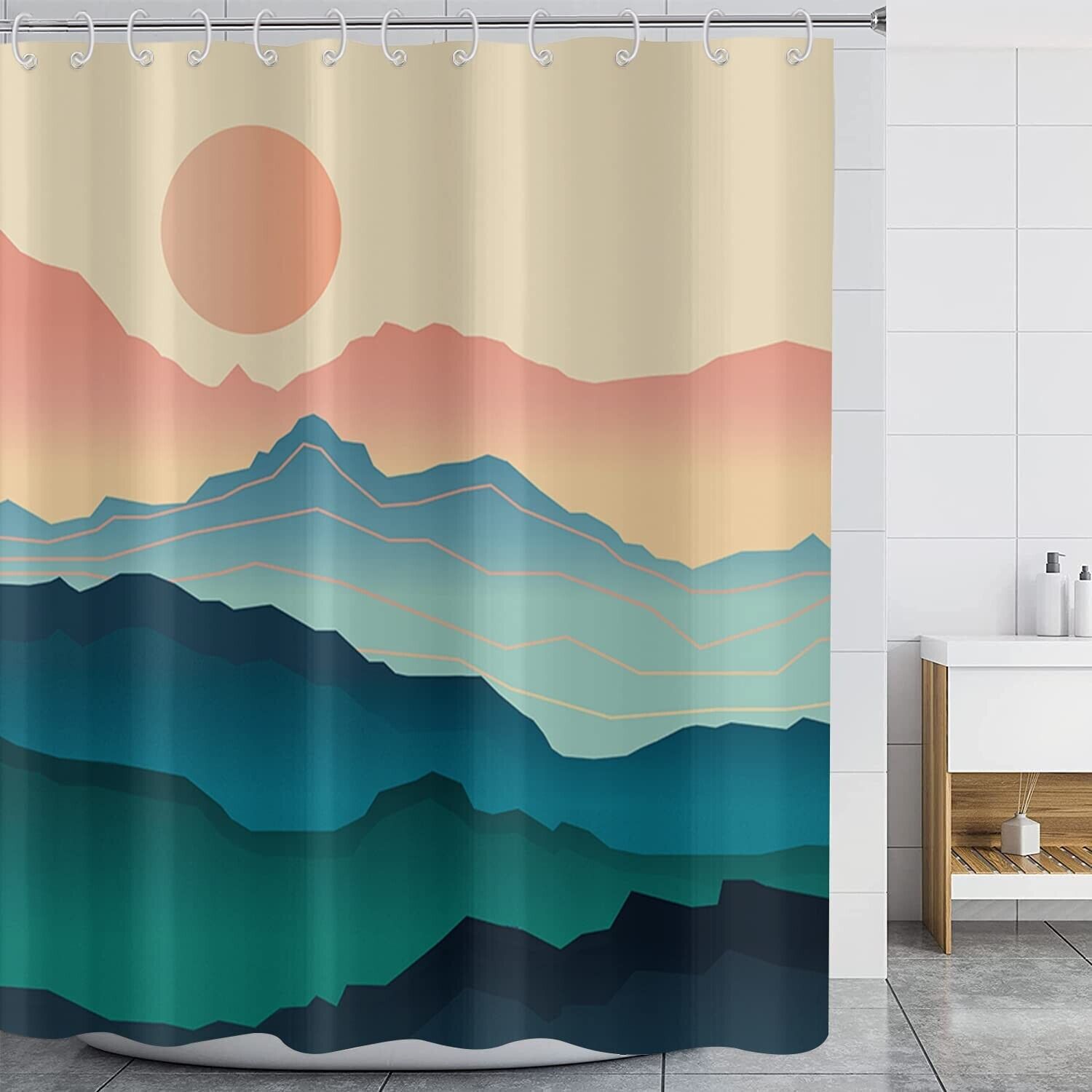 Abstract Mountain Sun Pattern Shower Curtain for Modern Bathroom Decor