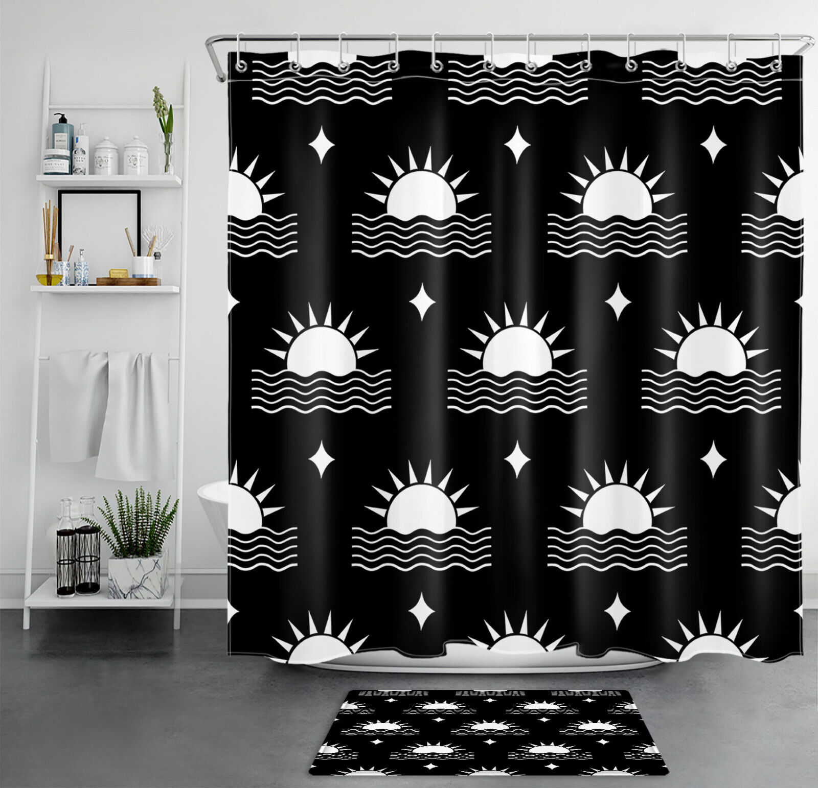 Abstract Star Sun Mid Century Shower Curtain - Modern Bathroom Decor