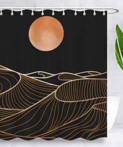 Abstract Sun Shower Curtain - Boho and Watercolor Bathroom Decor with Black and Gold Design
