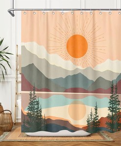 Abstract Sun and Mountain Shower Curtain for Boho Bathroom Decor