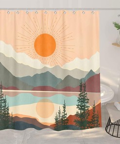 Abstract Sun and Mountain Shower Curtain for Boho Bathroom Decor